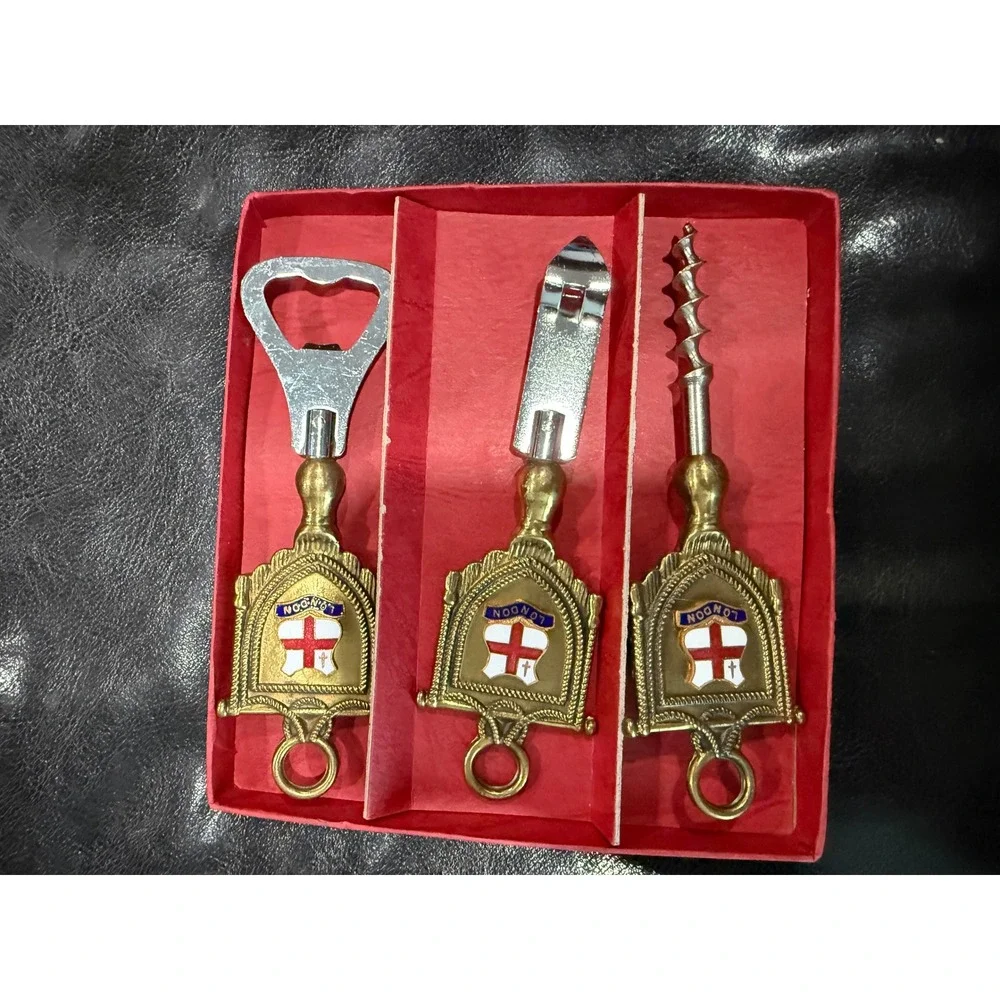 London Souvenir‎ Corkscrew Bottle Opener Set Vintage Brass Heraldic Crest